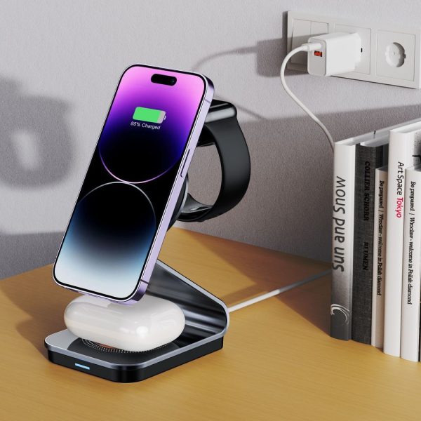 3-in-1 bezvadu lādētājs ar MagSafe tehnoloģiju Apple Watch AirPods viedtālrunim - melns