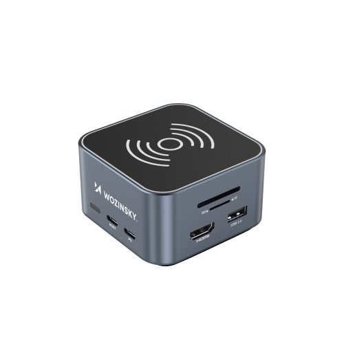 12 vienā centrmezgls ar bezvadu lādētāju USB-A USB-C HDMI RJ45 SD TF mini ligzda - pelēks