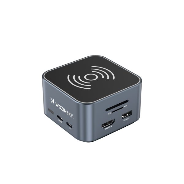 12 vienā centrmezgls ar bezvadu lādētāju USB-A USB-C HDMI RJ45 SD TF mini ligzda - pelēks