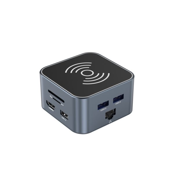 12 vienā centrmezgls ar bezvadu lādētāju USB-A USB-C HDMI RJ45 SD TF mini ligzda - pelēks