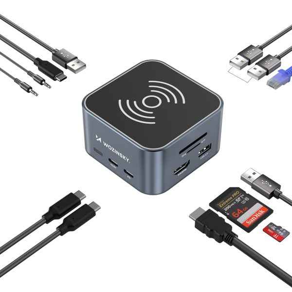 12 vienā centrmezgls ar bezvadu lādētāju USB-A USB-C HDMI RJ45 SD TF mini ligzda - pelēks
