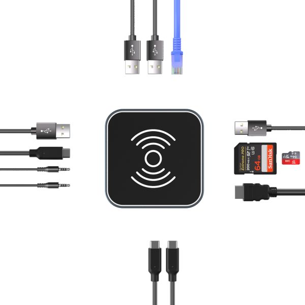 12 vienā centrmezgls ar bezvadu lādētāju USB-A USB-C HDMI RJ45 SD TF mini ligzda - pelēks