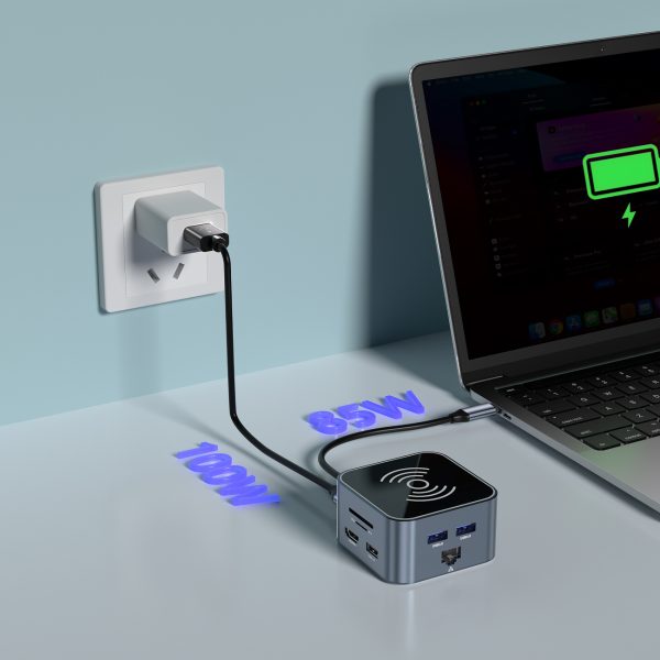 12 vienā centrmezgls ar bezvadu lādētāju USB-A USB-C HDMI RJ45 SD TF mini ligzda - pelēks