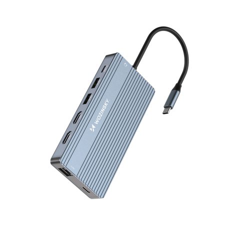 14in1 centrmezgls 3 monitoriem USB-A USB-C DisplayPort HDMI RJ45 SD TF mini ligzda - pelēks