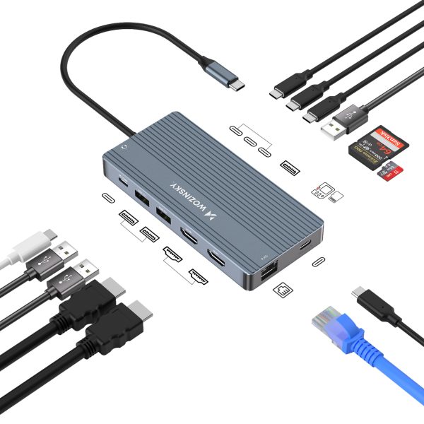 14in1 centrmezgls 3 monitoriem USB-A USB-C DisplayPort HDMI RJ45 SD TF mini ligzda - pelēks