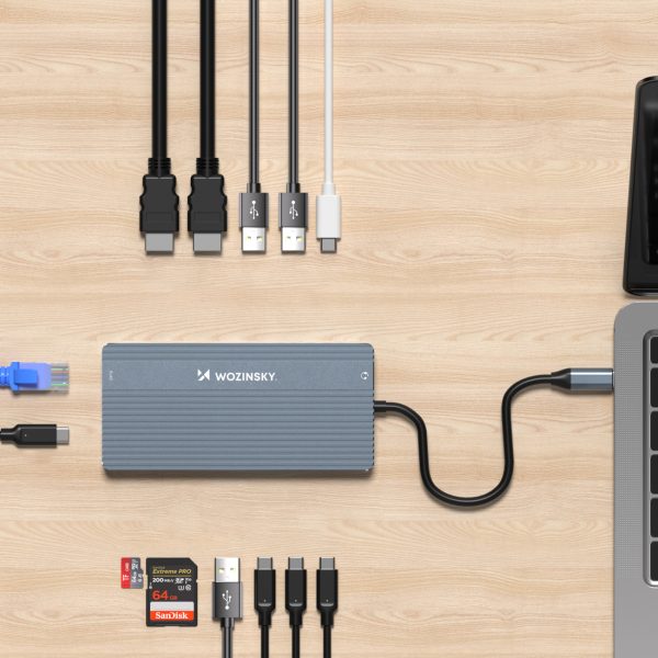 14in1 centrmezgls 3 monitoriem USB-A USB-C DisplayPort HDMI RJ45 SD TF mini ligzda - pelēks