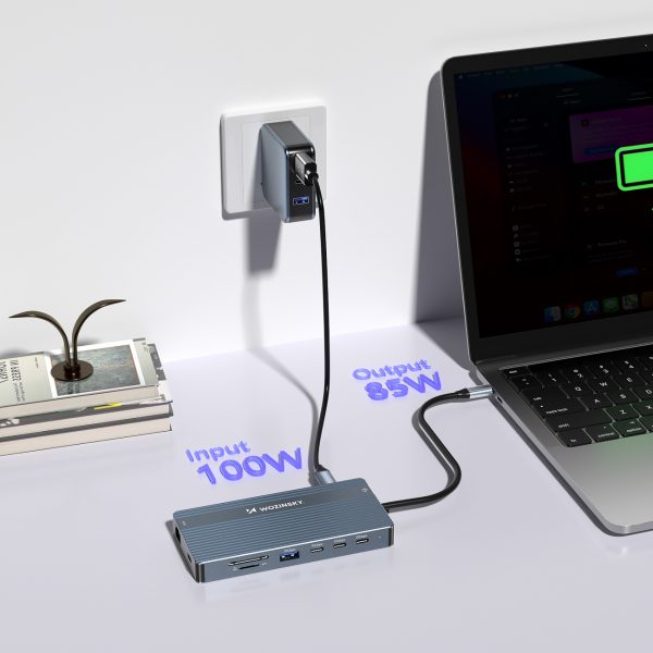 14in1 centrmezgls 3 monitoriem USB-A USB-C DisplayPort HDMI RJ45 SD TF mini ligzda - pelēks