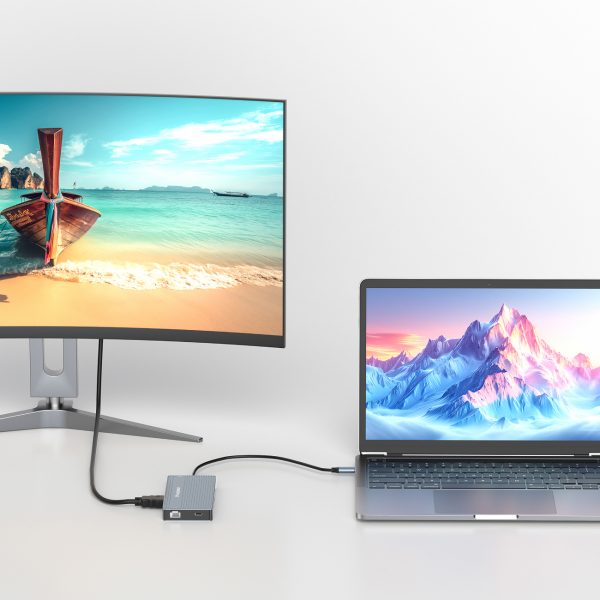 14in1 centrmezgls 3 monitoriem USB-A USB-C DisplayPort HDMI RJ45 SD TF mini ligzda - pelēks