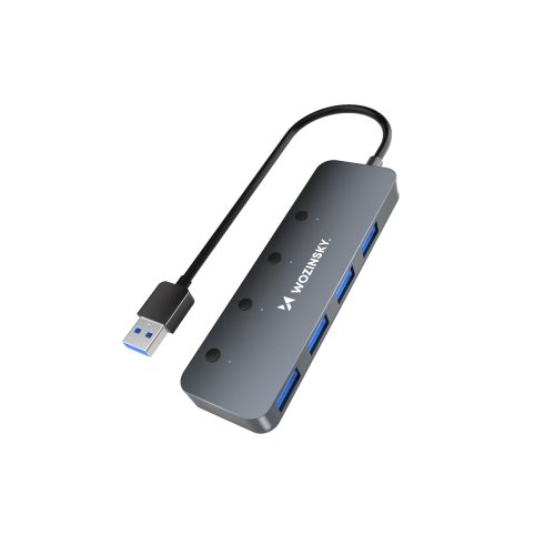 4x USB-A centrmezgla sadalītājs ar alumīnija slēdžiem - pelēks