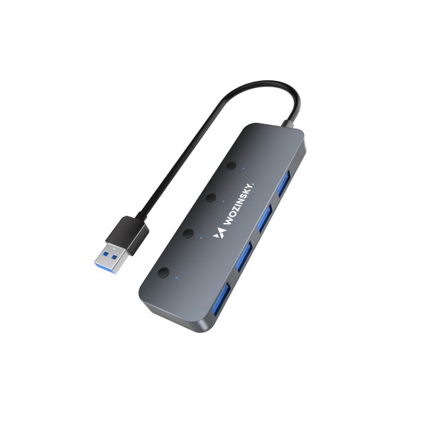 4x USB-A centrmezgla sadalītājs ar alumīnija slēdžiem - pelēks
