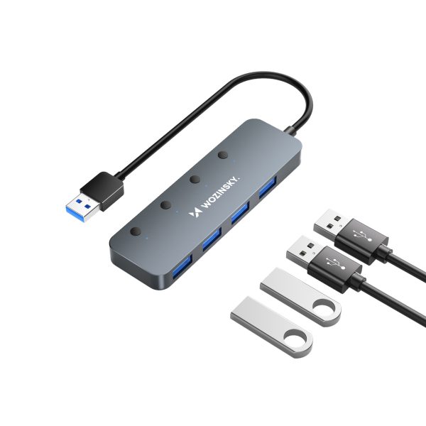 4x USB-A centrmezgla sadalītājs ar alumīnija slēdžiem - pelēks