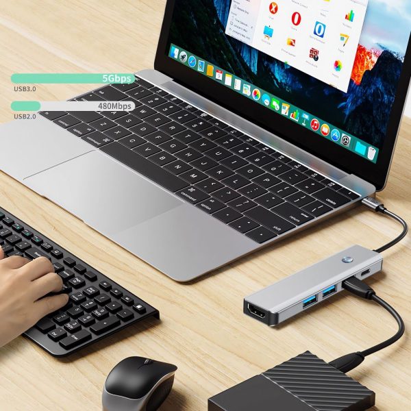 5in1 centrmezgla adapteris USB-C PD USB-A HDMI 4K 60Hz 100W - pelēks