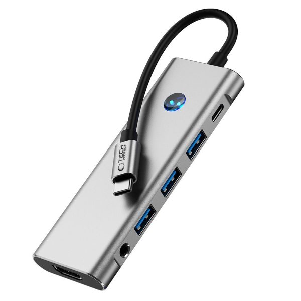 9in1 centrmezgla adapteris USB-C USB-A HDMI SD TF PD 100W mini ligzda 3.5 4K 60Hz - pelēks