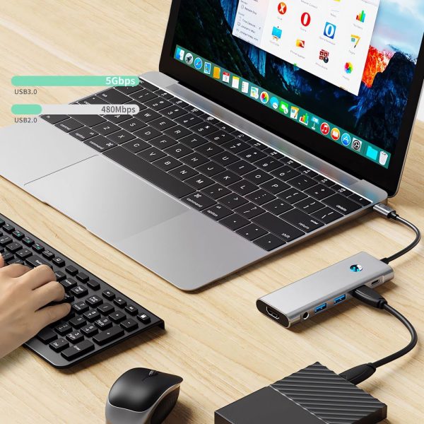 9in1 centrmezgla adapteris USB-C USB-A HDMI SD TF PD 100W mini ligzda 3.5 4K 60Hz - pelēks