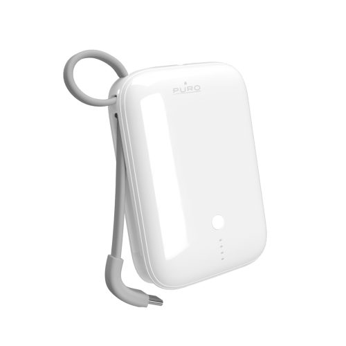 Powerbank 10000mAh USB-A USB-C ar iebūvētu kabeli - balts