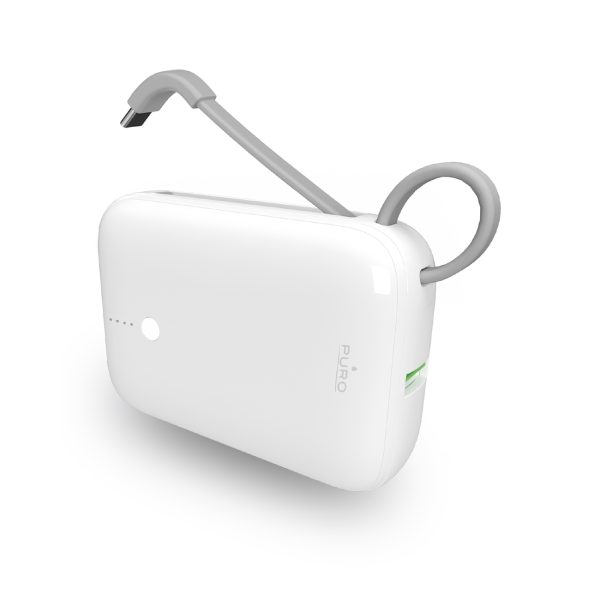 Powerbank 10000mAh USB-A USB-C ar iebūvētu kabeli - balts