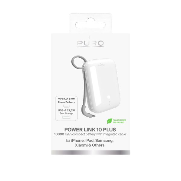 Powerbank 10000mAh USB-A USB-C ar iebūvētu kabeli - balts