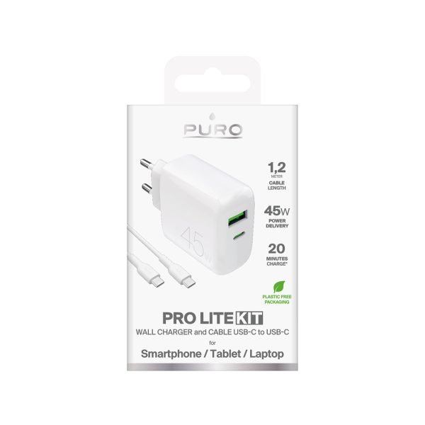 USB-C USB-A PD sienas lādētājs ar 45 W USB-C kabeli - balts
