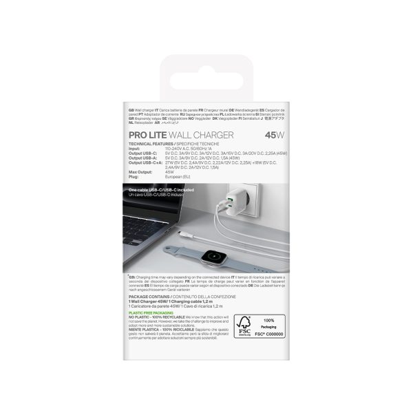 USB-C USB-A PD sienas lādētājs ar 45 W USB-C kabeli - balts