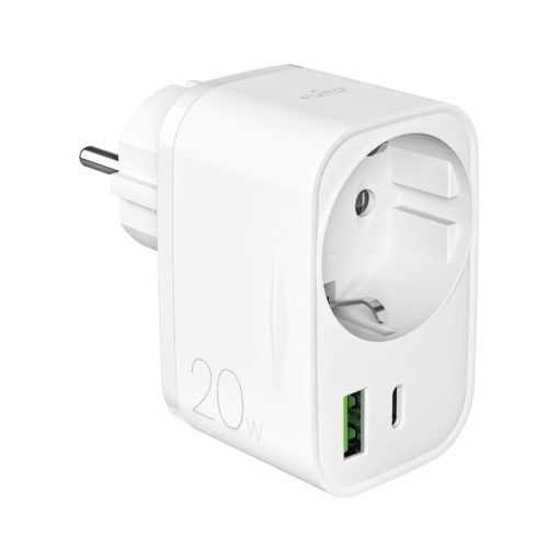 USB-A USB-C sienas lādētājs ar Schuko PD 20W ligzdu - balts