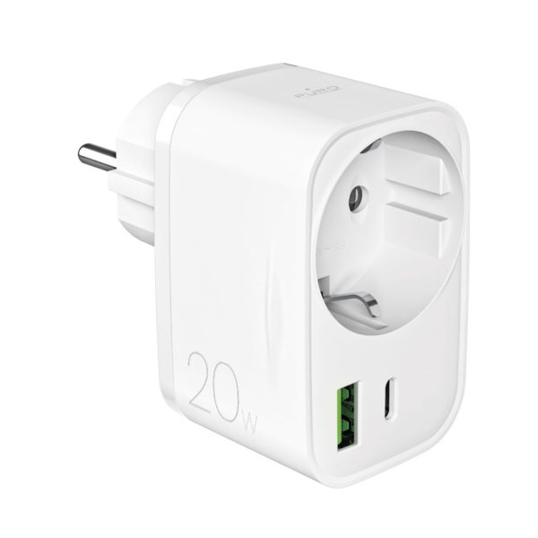 USB-A USB-C sienas lādētājs ar Schuko PD 20W ligzdu - balts