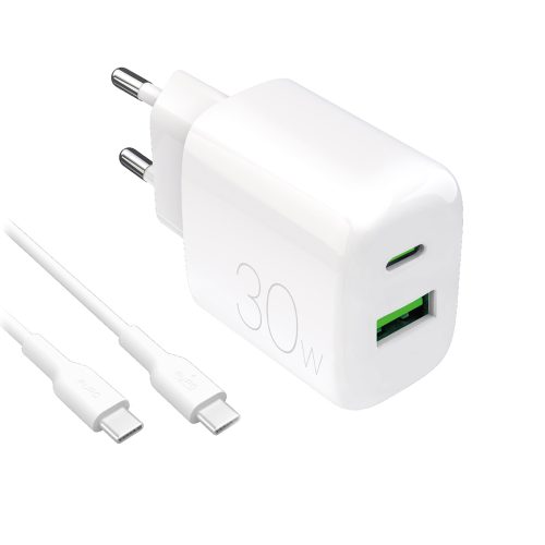 USB-A USB-C sienas lādētājs ar 30 W 1,2 m USB-C kabeli - balts