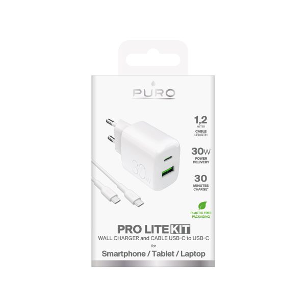 USB-A USB-C sienas lādētājs ar 30 W 1,2 m USB-C kabeli - balts