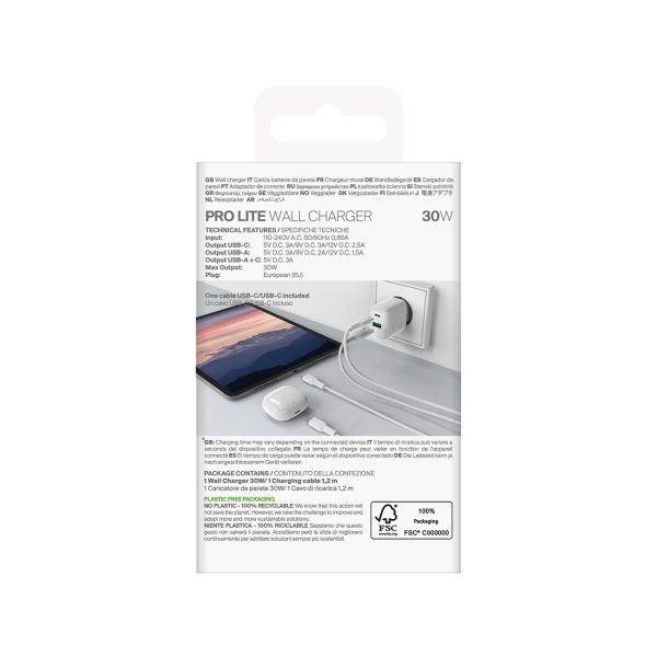 USB-A USB-C sienas lādētājs ar 30 W 1,2 m USB-C kabeli - balts