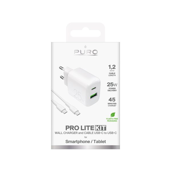 USB-A USB-C sienas lādētājs ar USB-C kabeli 25W 1.2m - balts