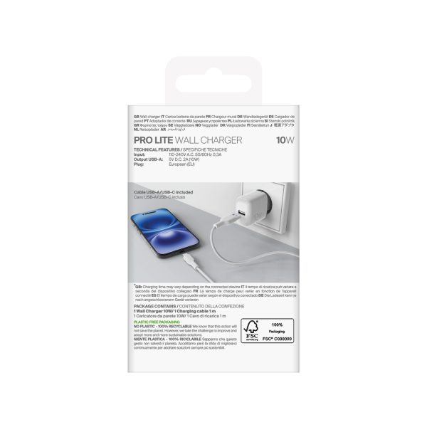 PROLITE 10W USB-A sienas lādētājs ar 1.2m USB-A - USB-C kabeli - balts