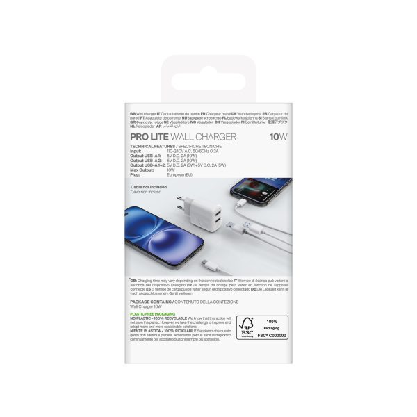 2x USB-A PROLITE 10W sienas lādētājs - balts