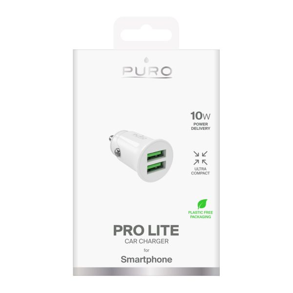 2x USB-A Pro Lite 10W automašīnas lādētājs - balts
