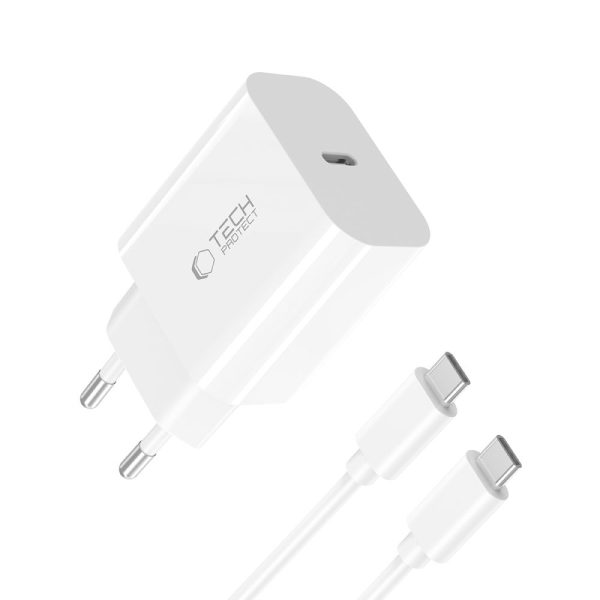 USB-C sienas lādētājs ar USB-C PD 20W kabeli - balts