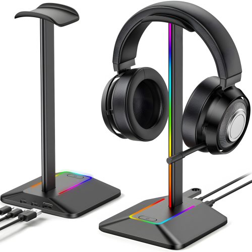 Spēļu galda statīvs austiņām ar USB centrmezglu, RGB LED fona apgaismojumu