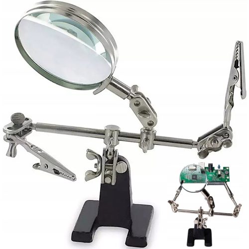 Trešās rokas lodēšanas komplekts ar 2,5x palielināmo stiklu un regulējamiem rokturiem