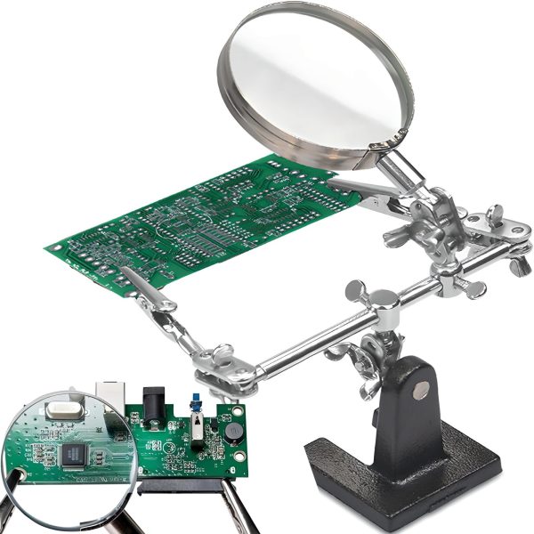 Trešās rokas lodēšanas komplekts ar 2,5x palielināmo stiklu un regulējamiem rokturiem