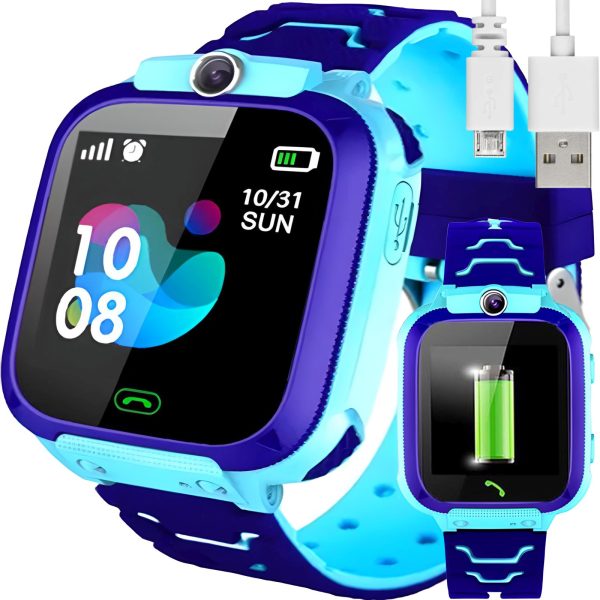 Viedpulkstenis bērniem ar SIM karti, GPS atrašanās vietu, SOS kameru, lukturīti - zils