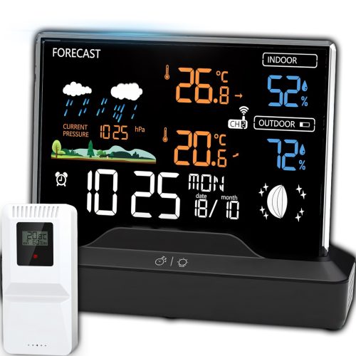Bezvadu meteoroloģiskā stacija, pulkstenis, termometrs, higrometrs, barometrs, 1 sensors, 80 m, LCD