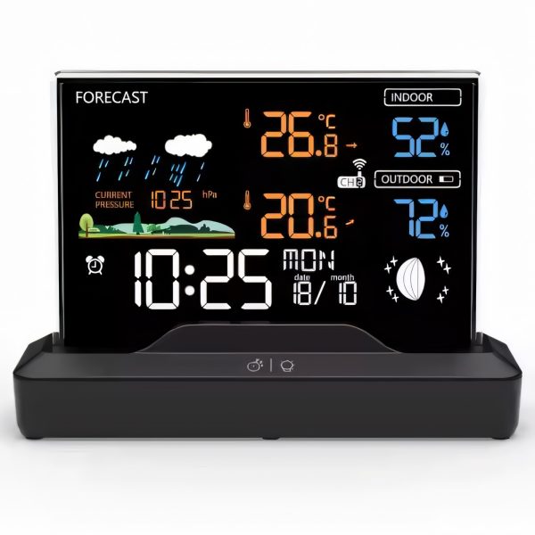 Bezvadu meteoroloģiskā stacija, pulkstenis, termometrs, higrometrs, barometrs, 1 sensors, 80 m, LCD