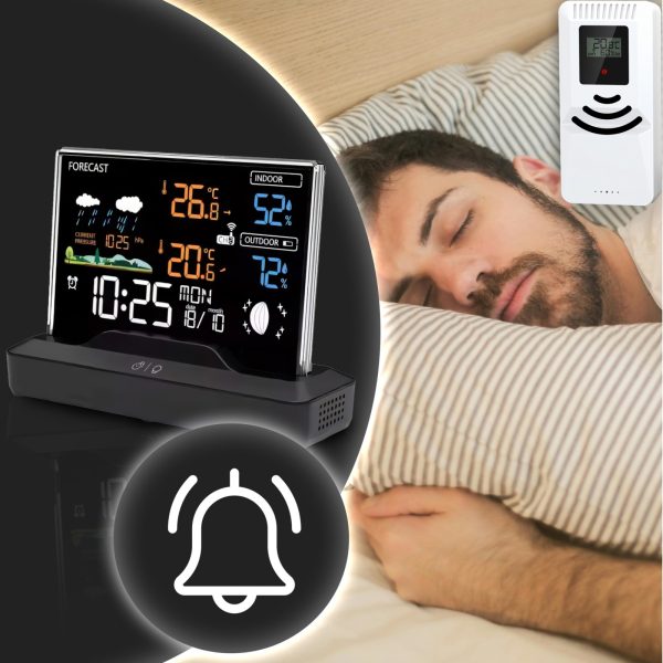 Bezvadu meteoroloģiskā stacija, pulkstenis, termometrs, higrometrs, barometrs, 1 sensors, 80 m, LCD