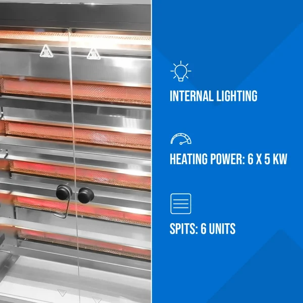 Gāzes grils 30 vistām, 6 iesmi, 2 atvilktnes uz riteņiem, 40 kW
