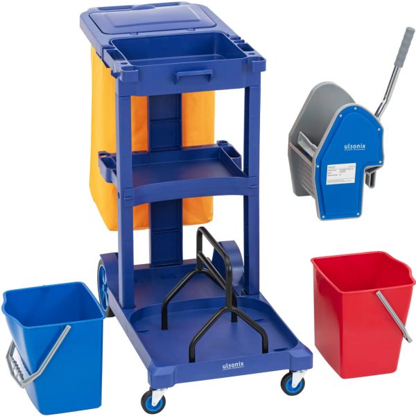 Grīdas mazgāšanas ratiņi ar 2 spaiņiem, veļas izgriezēju, veļas maisu, 3 plauktiem, 18 l