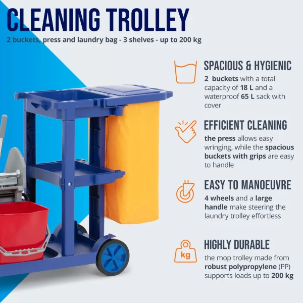 Grīdas mazgāšanas ratiņi ar 2 spaiņiem, veļas izgriezēju, veļas maisu, 3 plauktiem, 18 l