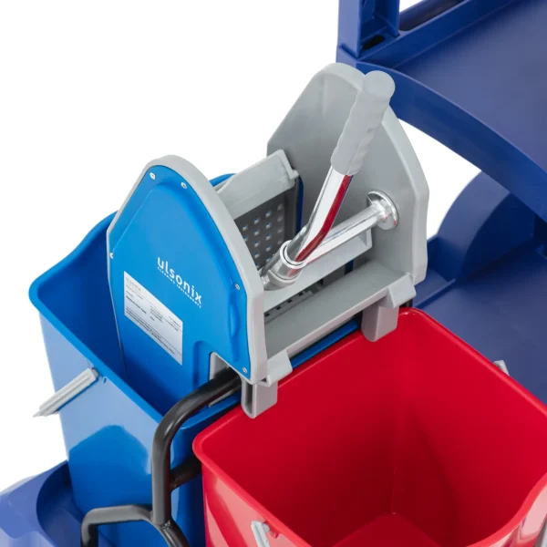 Grīdas mazgāšanas ratiņi ar 2 spaiņiem, veļas izgriezēju, veļas maisu, 3 plauktiem, 18 l