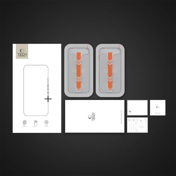 Rūdīts stikls iPhone 13 / 13 PRO / 14 / 16e ar Quick Set+ uzstādīšanas rāmi - 2 gab.