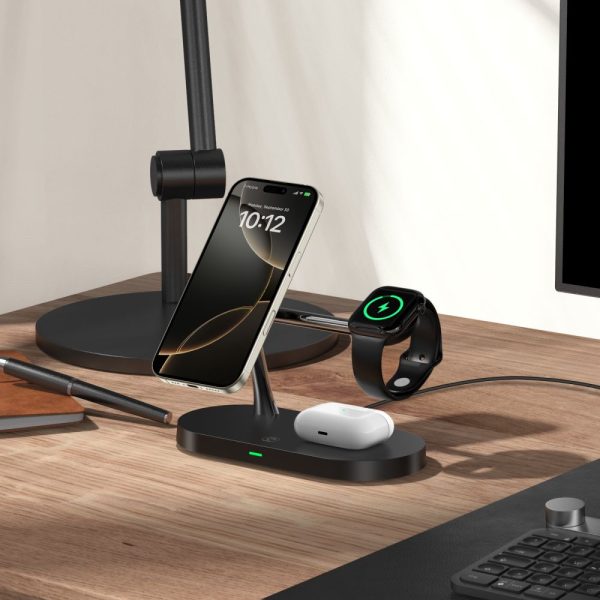 3-in-1 bezvadu lādētājs viedtālrunim, viedpulkstenim un austiņām ar MagSafe aizsardzību - melns
