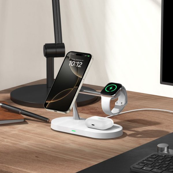 3in1 bezvadu lādētājs viedtālrunim, viedpulkstenim un austiņām ar MagSafe aizsardzību - balts