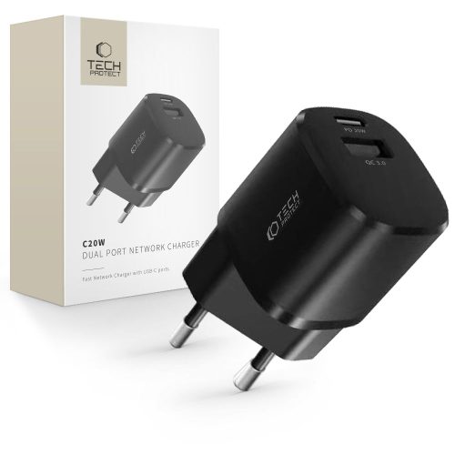 C20W mini USB-C PD 20W / USB-A QC 3.0 sienas lādētājs - melns