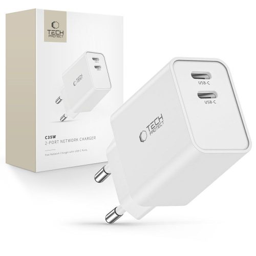 2x USB-C PD 35W sienas lādētājs - balts