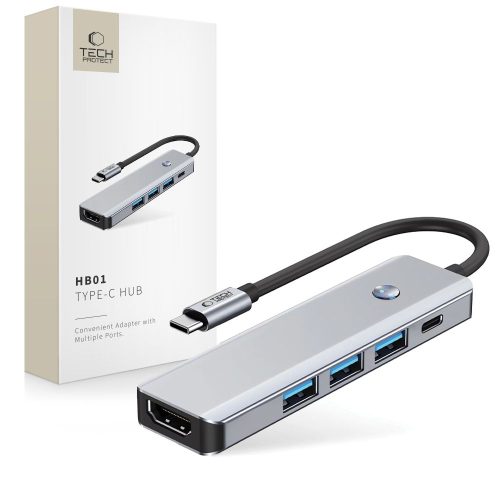 5in1 centrmezgla adapteris USB-C PD USB-A HDMI 4K 60Hz 100W - pelēks
